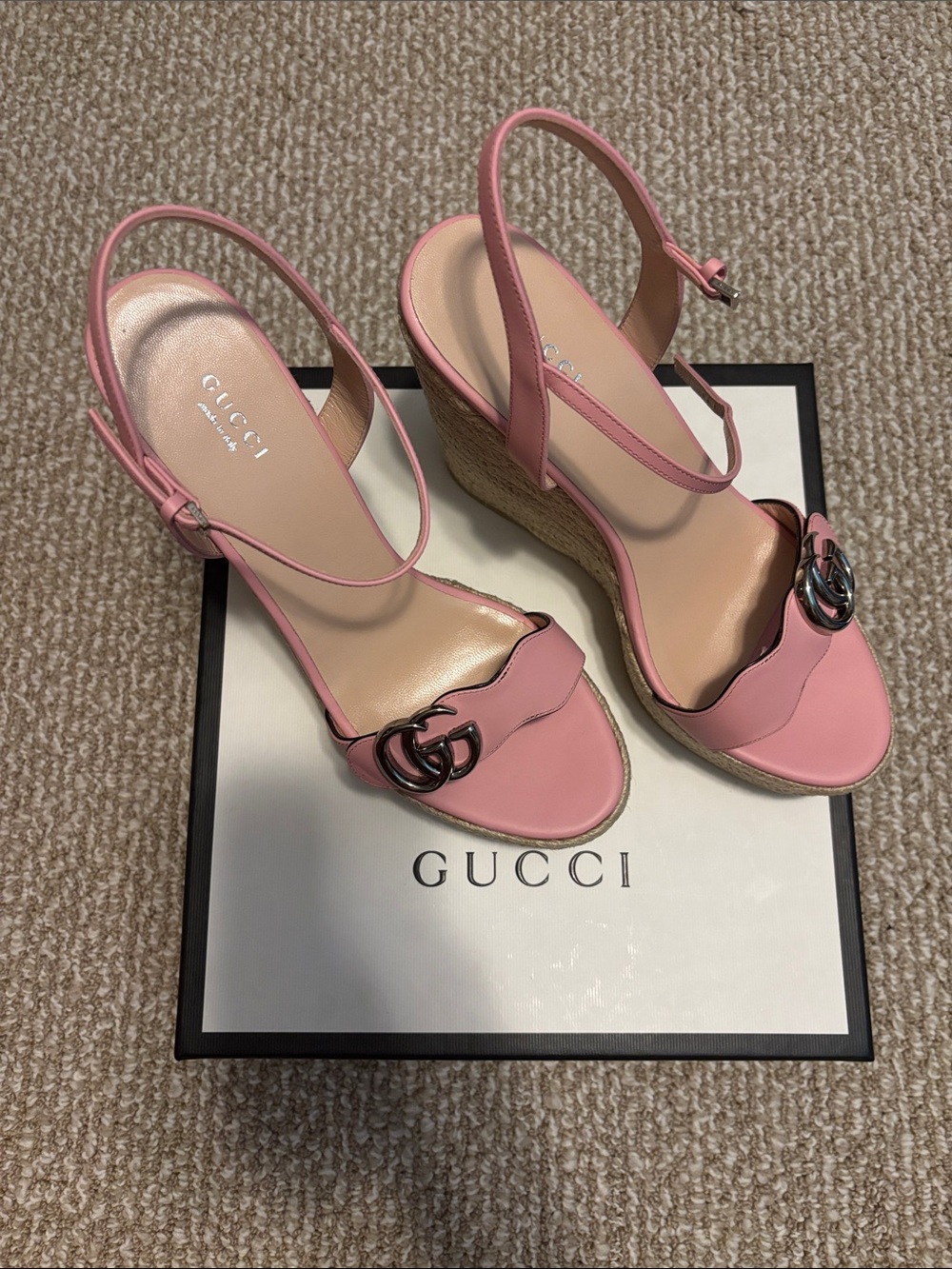 Gucci Pink Leather Slingback Wedge Sandals with Double G Hardware